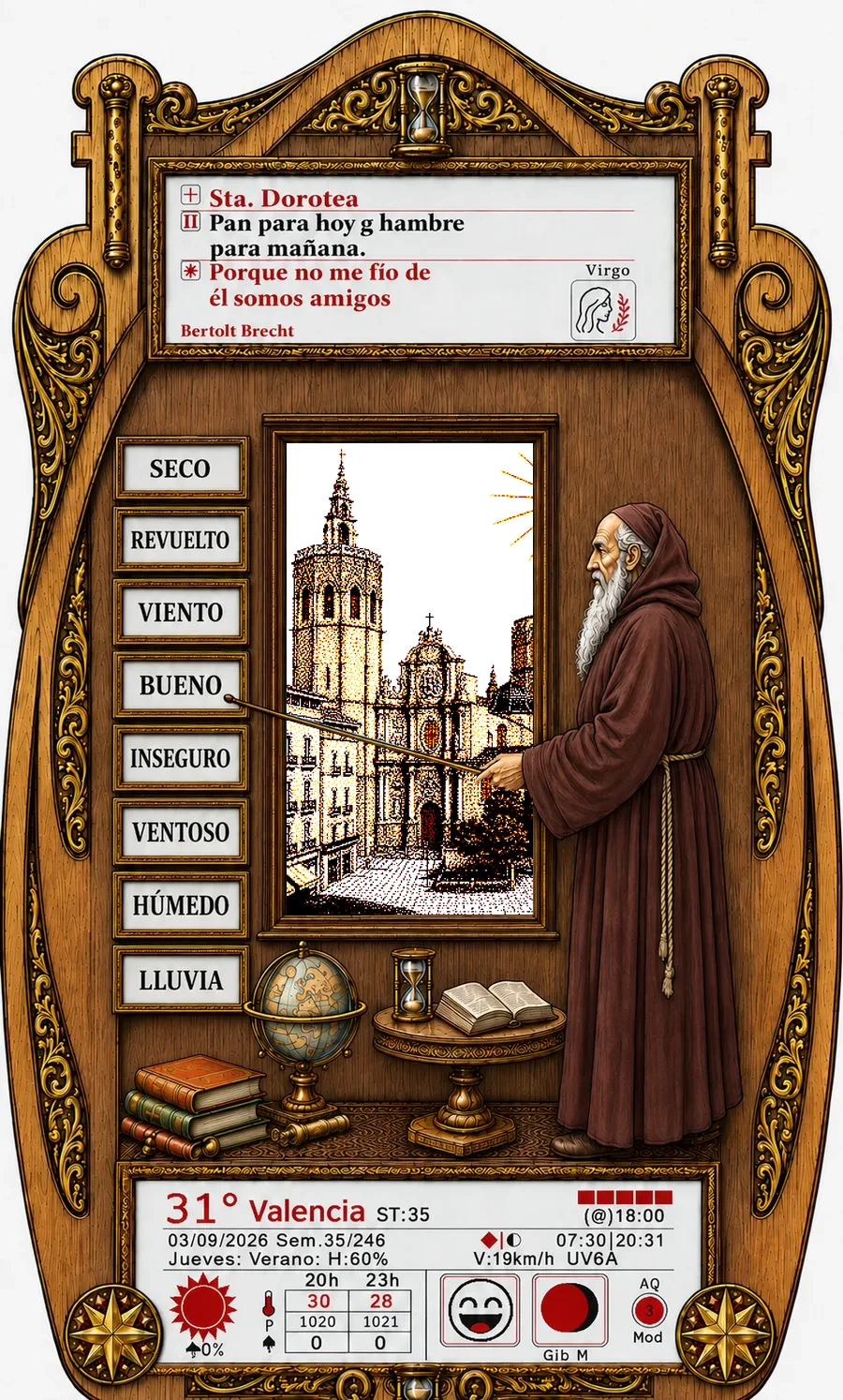 El retablo completo: marco de madera de tilo tallada con dorados, el fraile señalando con su batuta, y tres pantallas de tinta electrónica