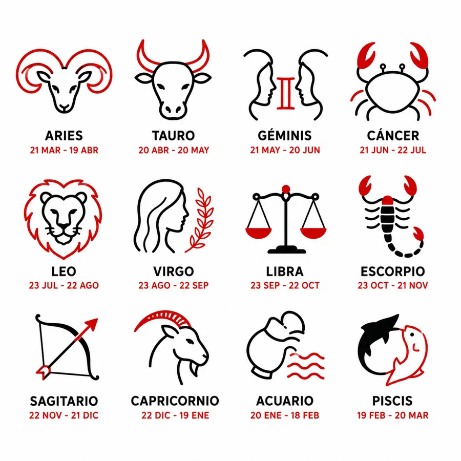 Los doce signos del zodiaco dibujados en negro y rojo